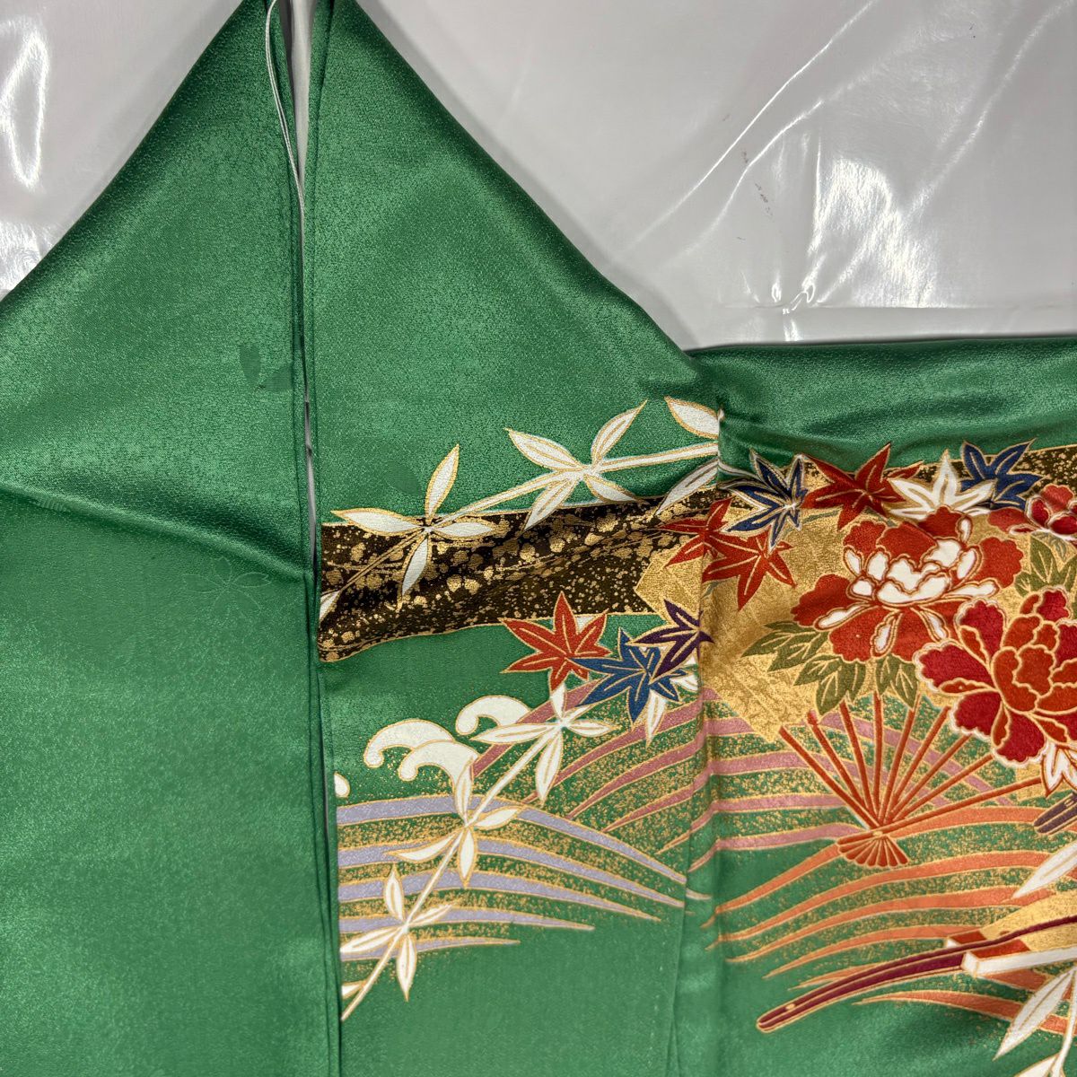 振袖禮服 身長165cm 袖長68.5cm L 雙層 花扇子 波 金絲 金銀彩 綠 純蠶絲 秀品級