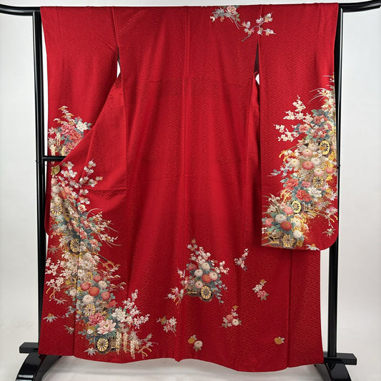振袖禮服 身長162cm 袖長63.5cm S 雙層 花車 地紋 金銀彩 紅 純蠶絲 秀品級