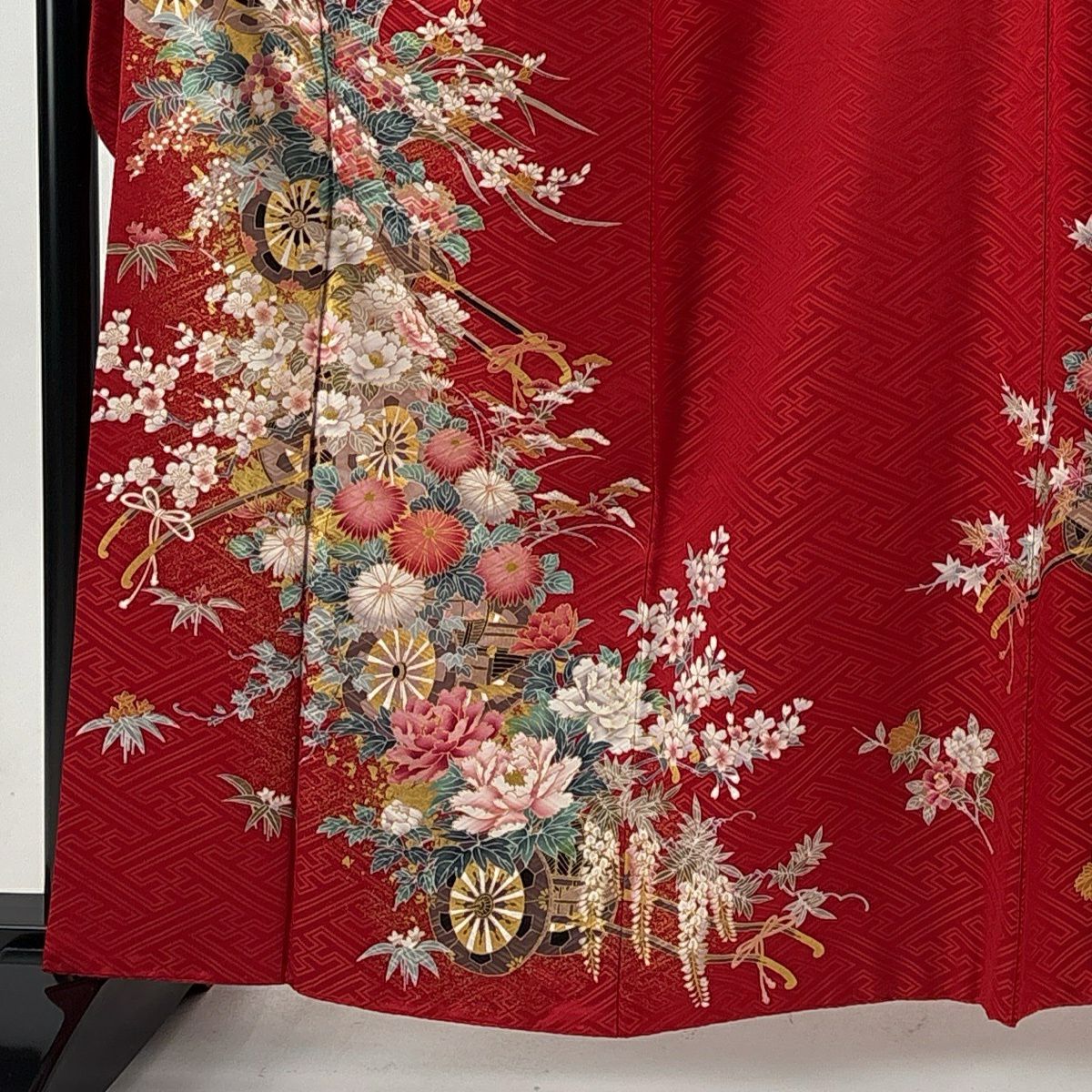 振袖禮服 身長162cm 袖長63.5cm S 雙層 花車 地紋 金銀彩 紅 純蠶絲 秀品級