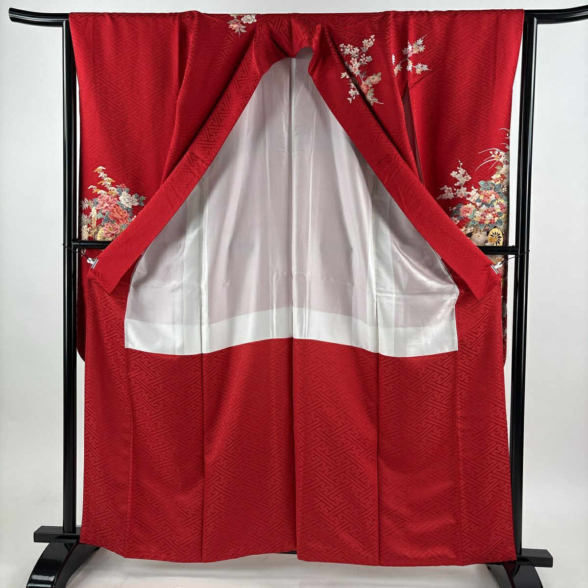 振袖禮服 身長162cm 袖長63.5cm S 雙層 花車 地紋 金銀彩 紅 純蠶絲 秀品級