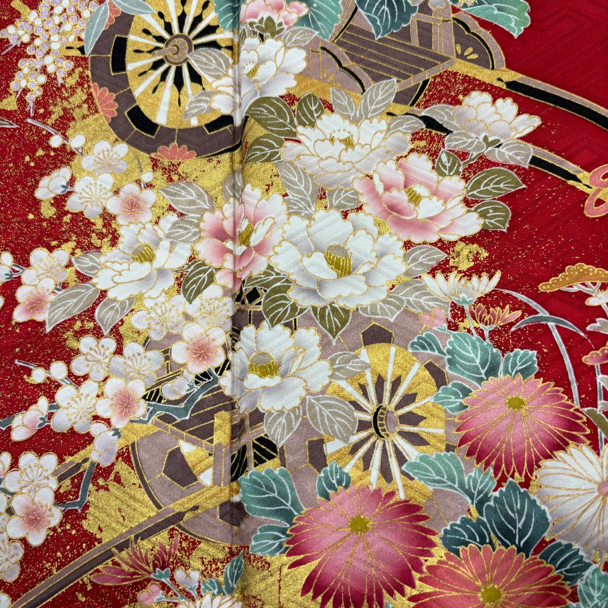 振袖禮服 身長162cm 袖長63.5cm S 雙層 花車 地紋 金銀彩 紅 純蠶絲 秀品級