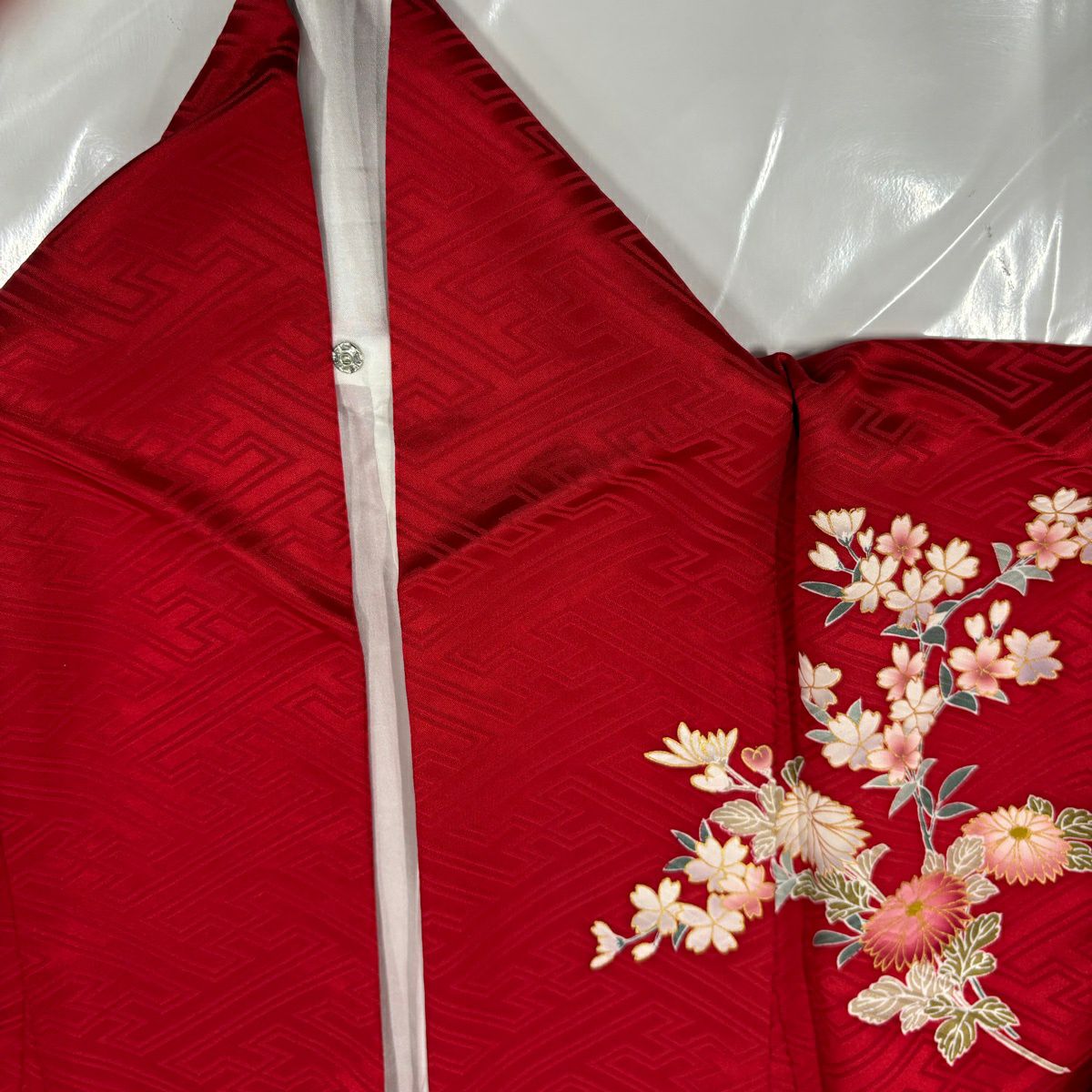 振袖禮服 身長162cm 袖長63.5cm S 雙層 花車 地紋 金銀彩 紅 純蠶絲 秀品級