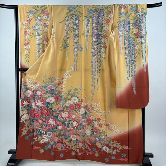 振袖禮服 身長165cm 袖長68cm L 雙層 花車 組紐 染分 薄橙 純蠶絲 秀品級