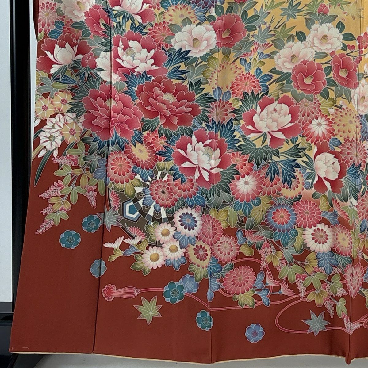 振袖禮服 身長165cm 袖長68cm L 雙層 花車 組紐 染分 薄橙 純蠶絲 秀品級