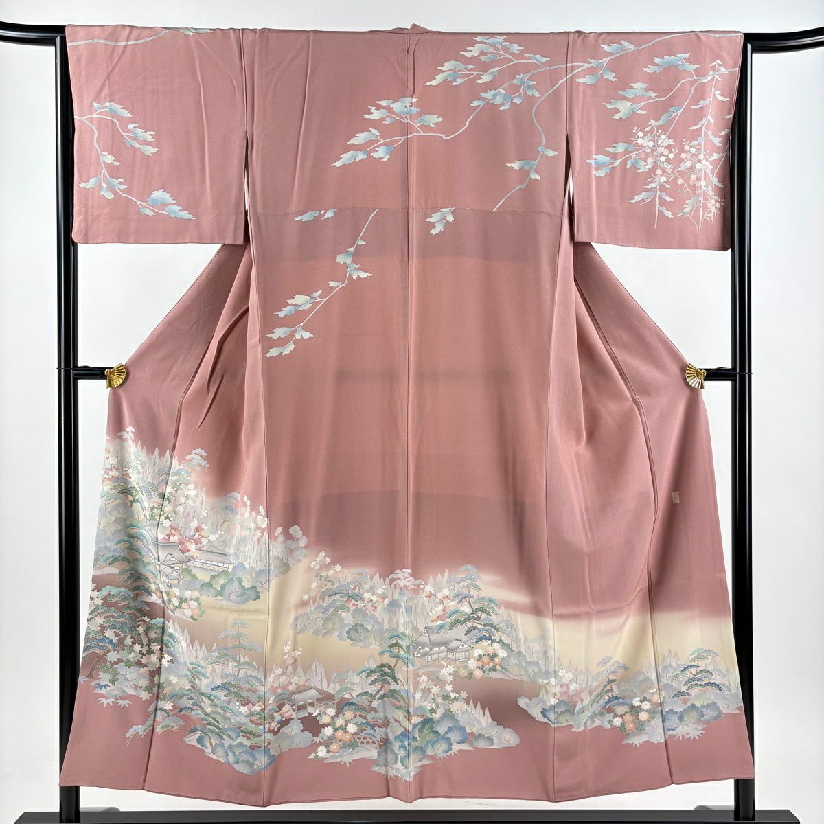 訪問服 身長153cm 袖長64.5cm M 雙層 落款有 風景 建物 漸層 粉米色 純蠶絲 優品級 一個紋