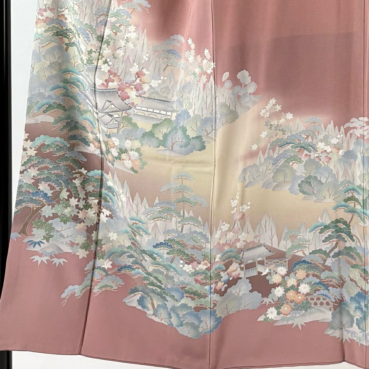 訪問服 身長153cm 袖長64.5cm M 雙層 落款有 風景 建物 漸層 粉米色 純蠶絲 優品級 一個紋