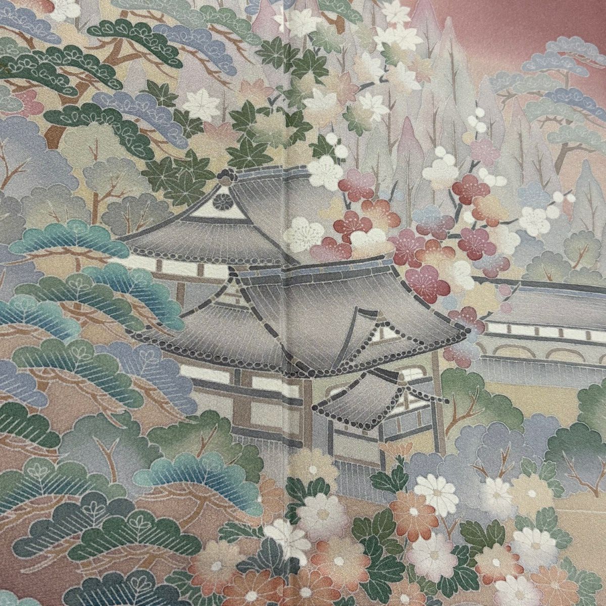 訪問服 身長153cm 袖長64.5cm M 雙層 落款有 風景 建物 漸層 粉米色 純蠶絲 優品級 一個紋