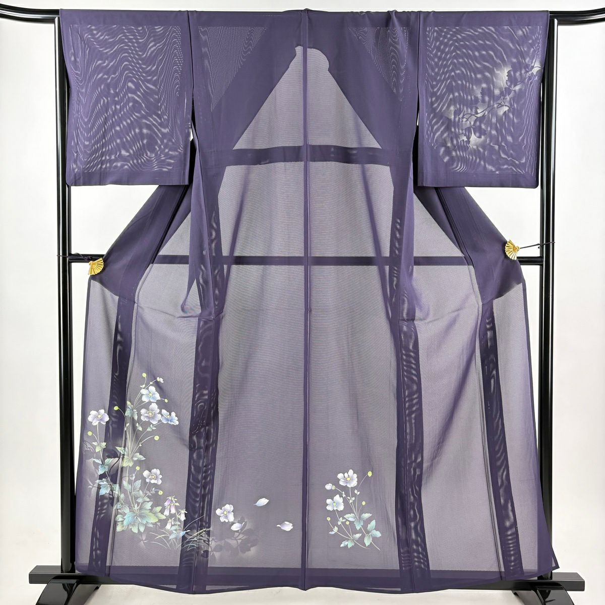 【美品】 付下 身長159cm 袖長66cm M 薄物 絽 草花紋紋 輪廓 金彩裝飾 深紫 純蠶絲 秀品級
