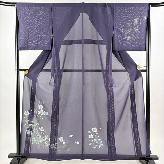 【美品】 付下 身長159cm 袖長66cm M 薄物 絽 草花紋紋 輪廓 金彩裝飾 深紫 純蠶絲 秀品級