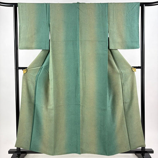 【美品】 小紋 身長158cm 袖長63cm S 雙層 地紋 墨流し 漸層 綠 純蠶絲 秀品級