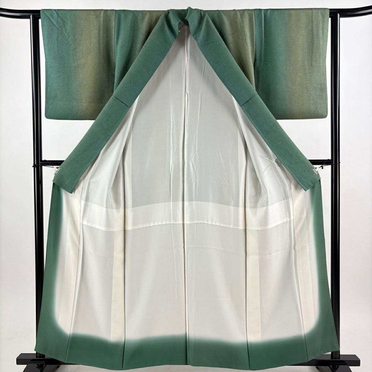 【美品】 小紋 身長158cm 袖長63cm S 雙層 地紋 墨流し 漸層 綠 純蠶絲 秀品級