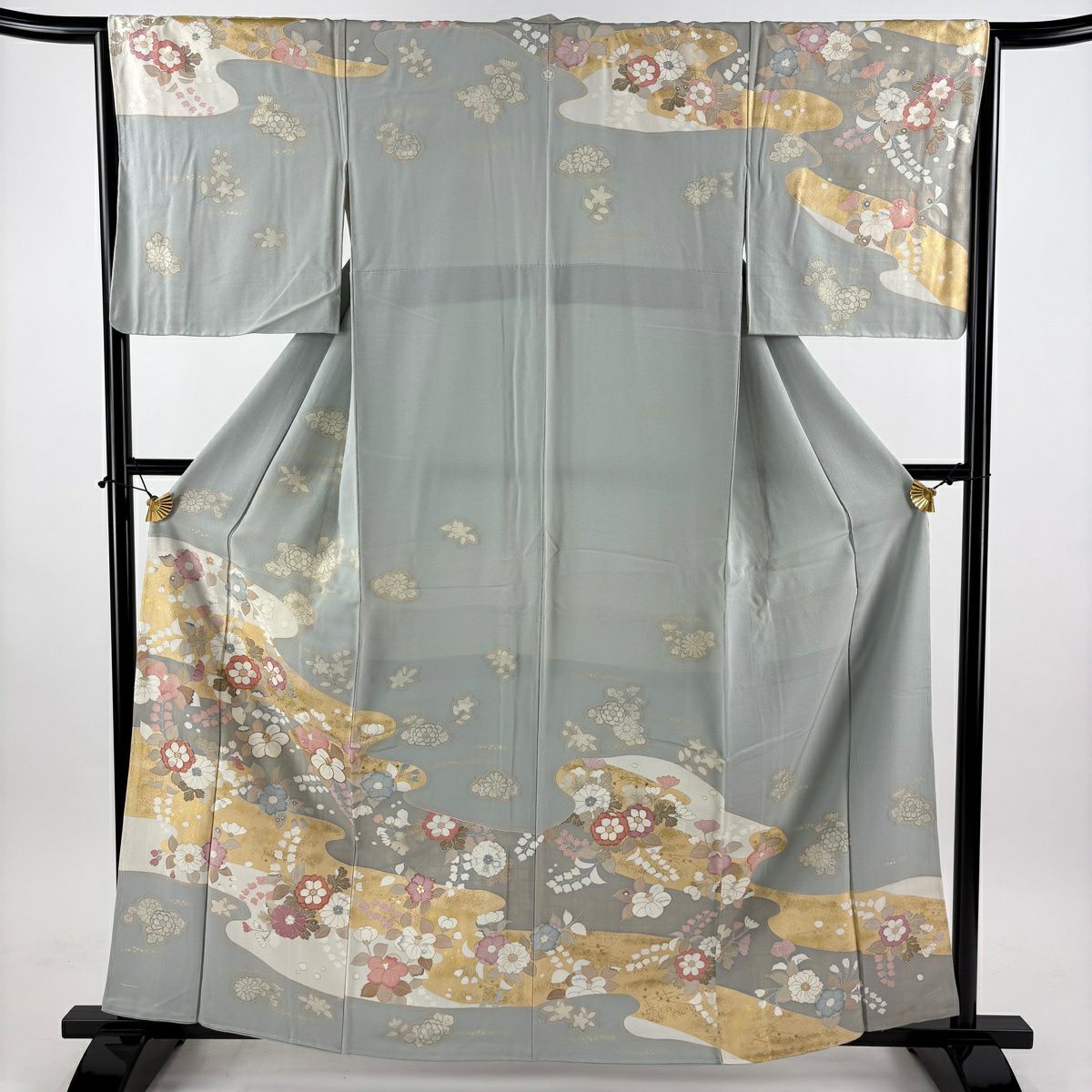 訪問服 身長161cm 袖長65.5cm M 雙層 草花紋紋 霞 金絲 金銀彩 灰色 純蠶絲 秀品級 一個紋