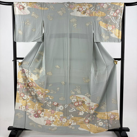訪問服 身長161cm 袖長65.5cm M 雙層 草花紋紋 霞 金絲 金銀彩 灰色 純蠶絲 秀品級 一個紋