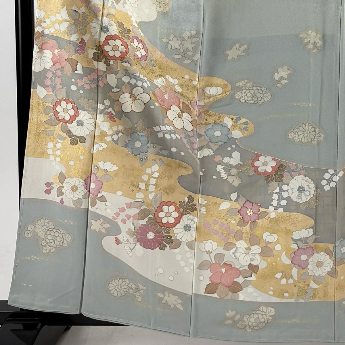 訪問服 身長161cm 袖長65.5cm M 雙層 草花紋紋 霞 金絲 金銀彩 灰色 純蠶絲 秀品級 一個紋