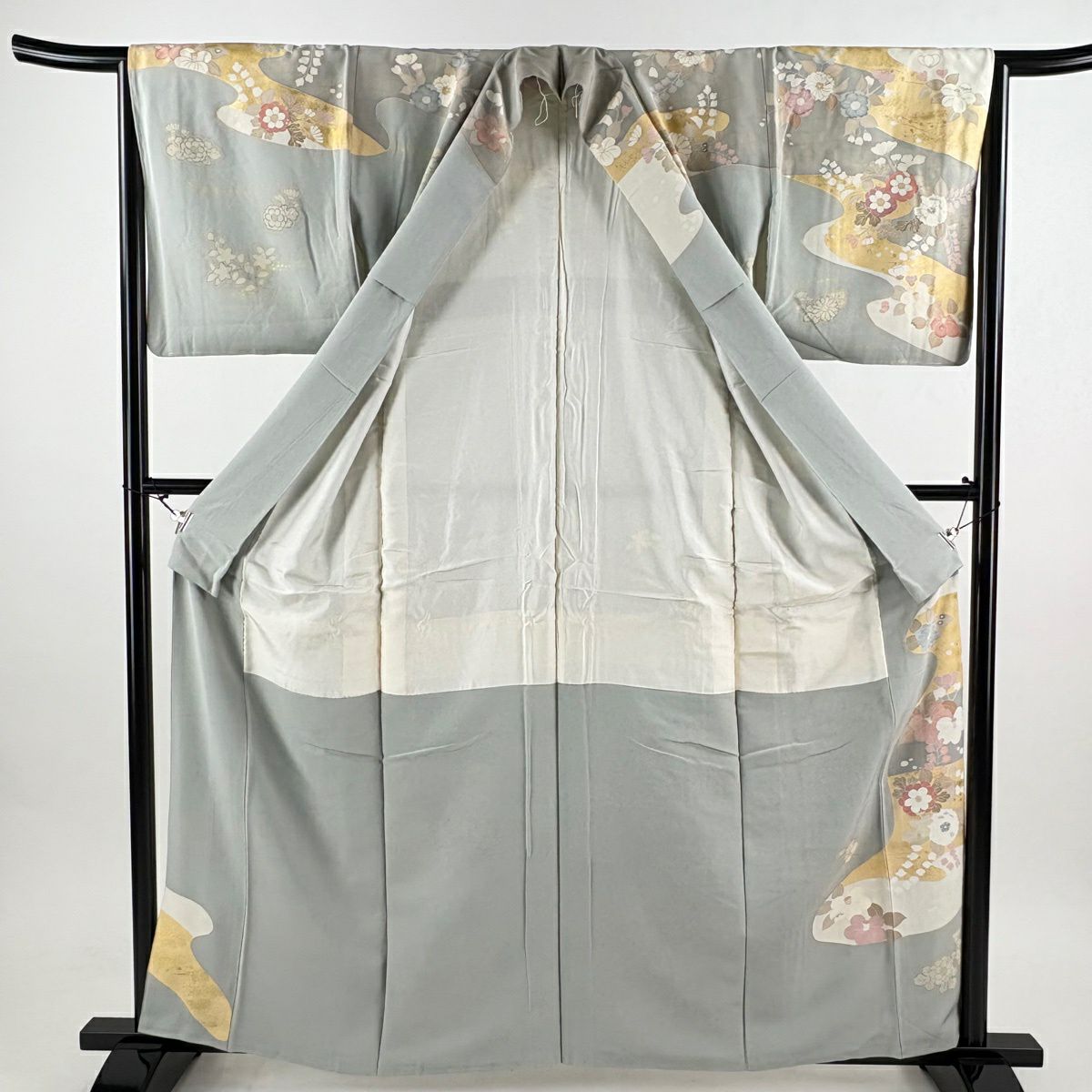 訪問服 身長161cm 袖長65.5cm M 雙層 草花紋紋 霞 金絲 金銀彩 灰色 純蠶絲 秀品級 一個紋
