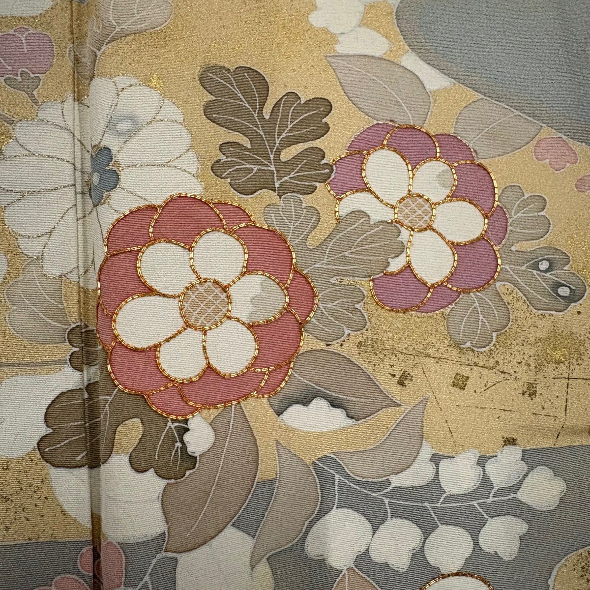 訪問服 身長161cm 袖長65.5cm M 雙層 草花紋紋 霞 金絲 金銀彩 灰色 純蠶絲 秀品級 一個紋
