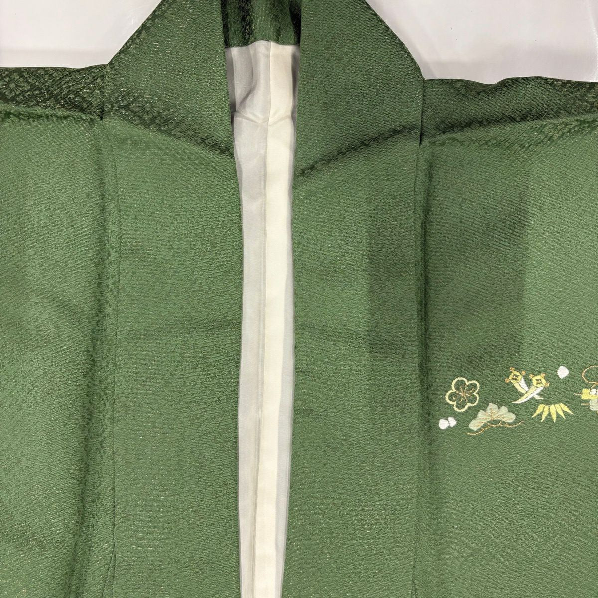 【美品】 付下 身長157cm 袖長64cm M 雙層 巴齊領 寶盡くし 松樹竹子梅花 刺繡 金通綫 綠 純蠶絲 秀品級