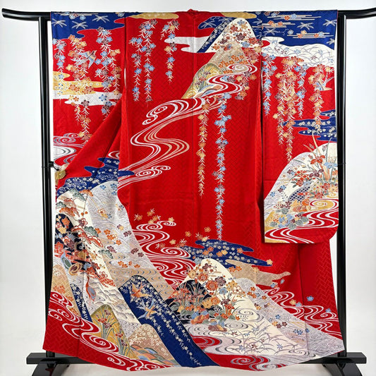 【美品】振袖禮服 身長159cm 袖長64cm M 雙層 笠松樹 仙鶴 辻花染 紅 純蠶絲 秀品級