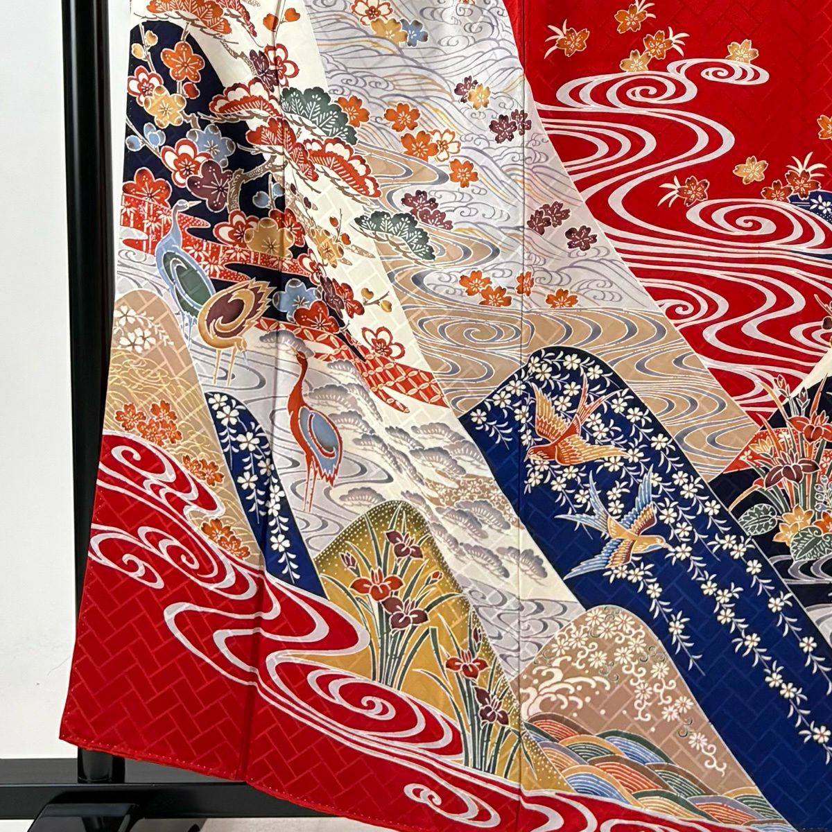 【美品】振袖禮服 身長159cm 袖長64cm M 雙層 笠松樹 仙鶴 辻花染 紅 純蠶絲 秀品級