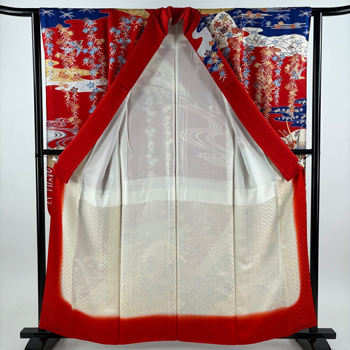 【美品】振袖禮服 身長159cm 袖長64cm M 雙層 笠松樹 仙鶴 辻花染 紅 純蠶絲 秀品級