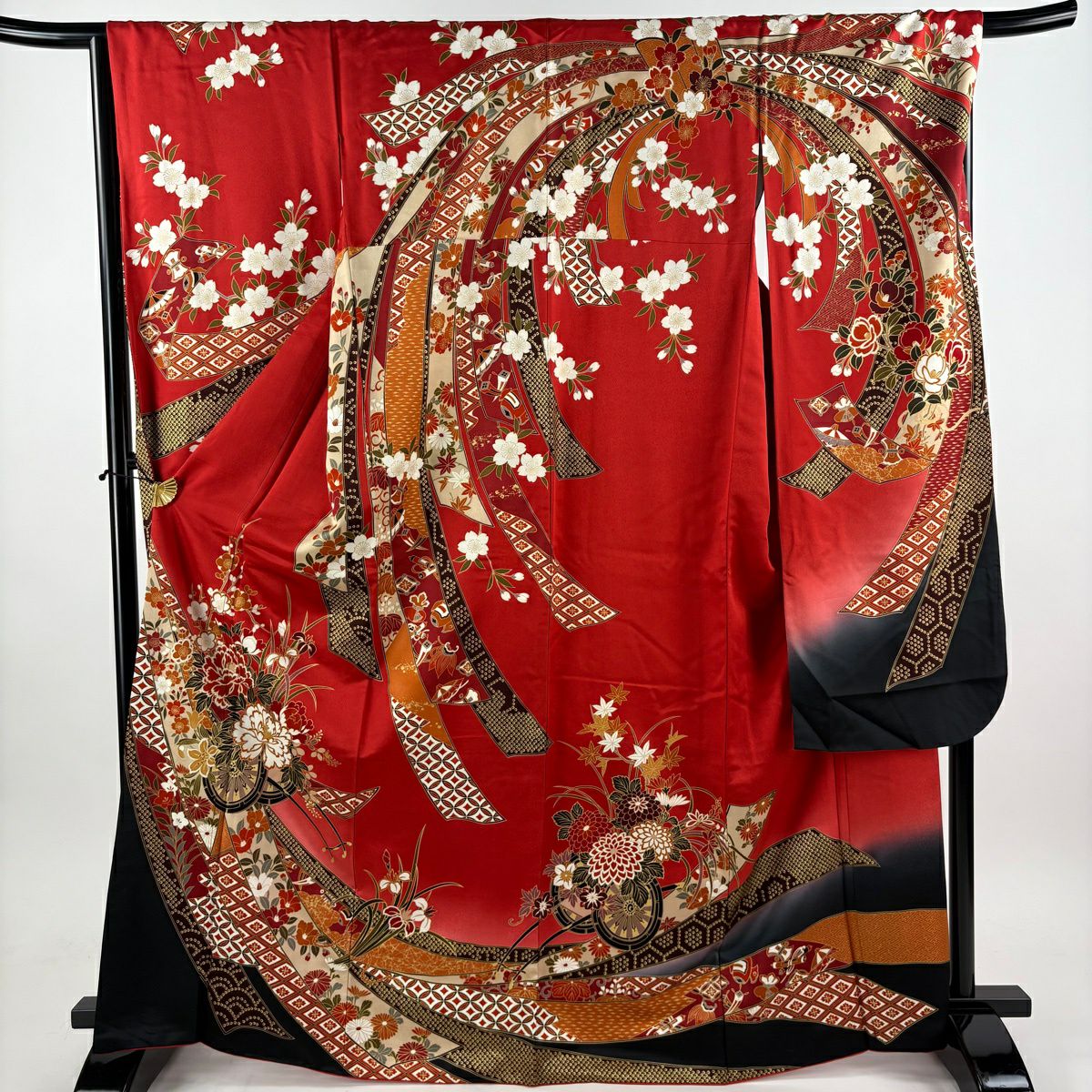 【美品】振袖禮服 身長168cm 袖長67.5cm L 雙層 花車 束捲熨斗紋 金銀彩 漸層 紅 純蠶絲 優品級