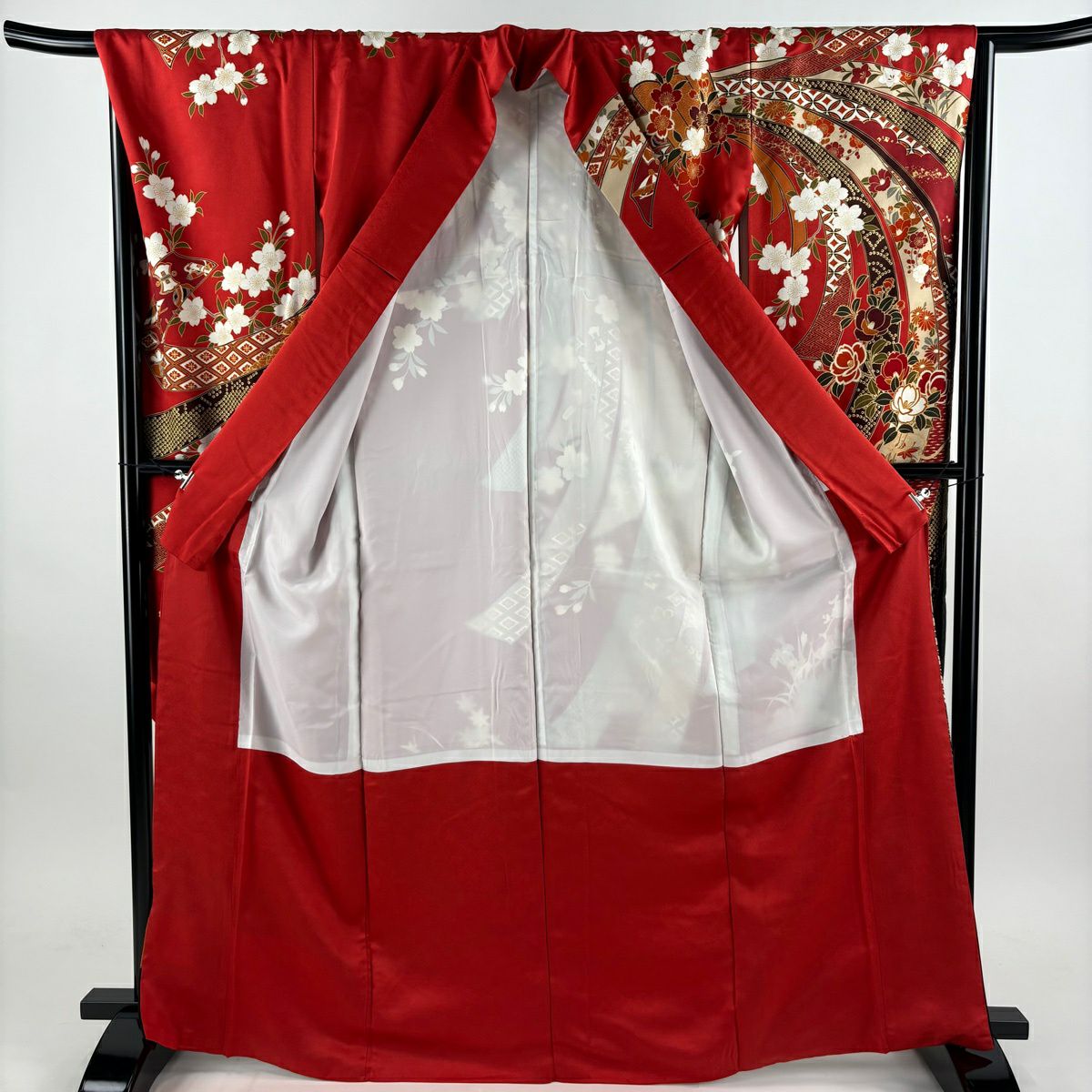 【美品】振袖禮服 身長168cm 袖長67.5cm L 雙層 花車 束捲熨斗紋 金銀彩 漸層 紅 純蠶絲 優品級