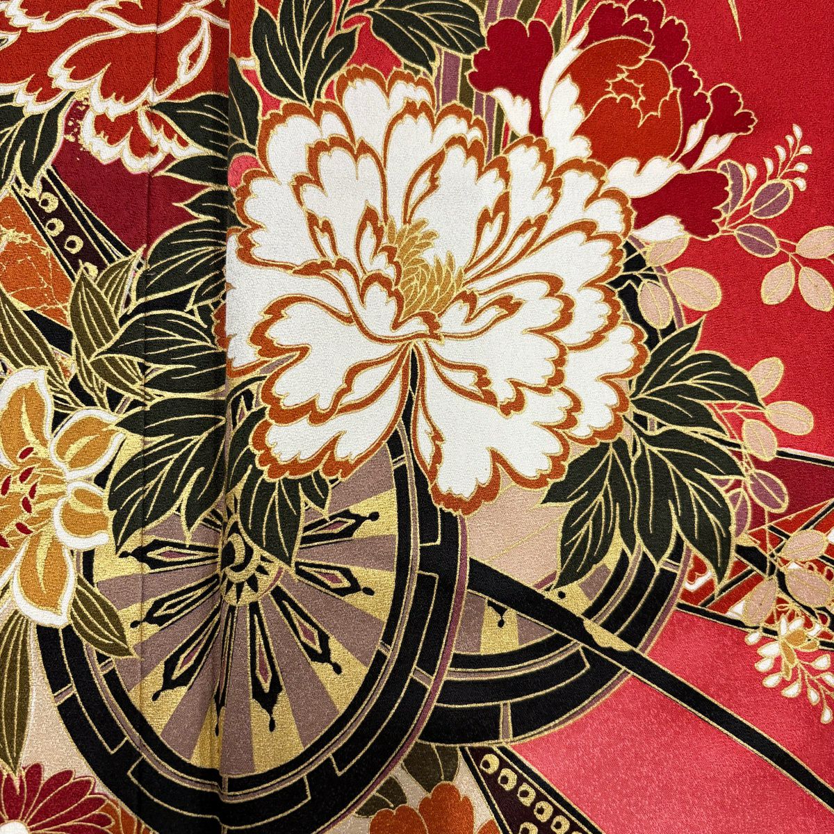 【美品】振袖禮服 身長168cm 袖長67.5cm L 雙層 花車 束捲熨斗紋 金銀彩 漸層 紅 純蠶絲 優品級