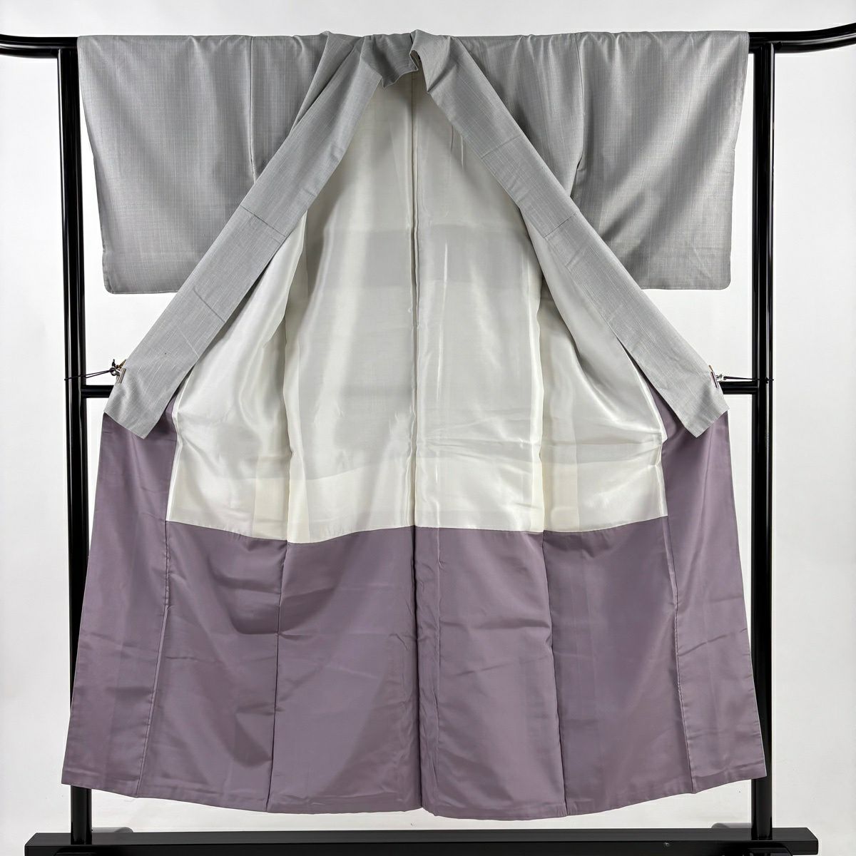 【美品】 紬織 身長150cm 袖長62cm S 雙層 縞 灰 純蠶絲 秀品級