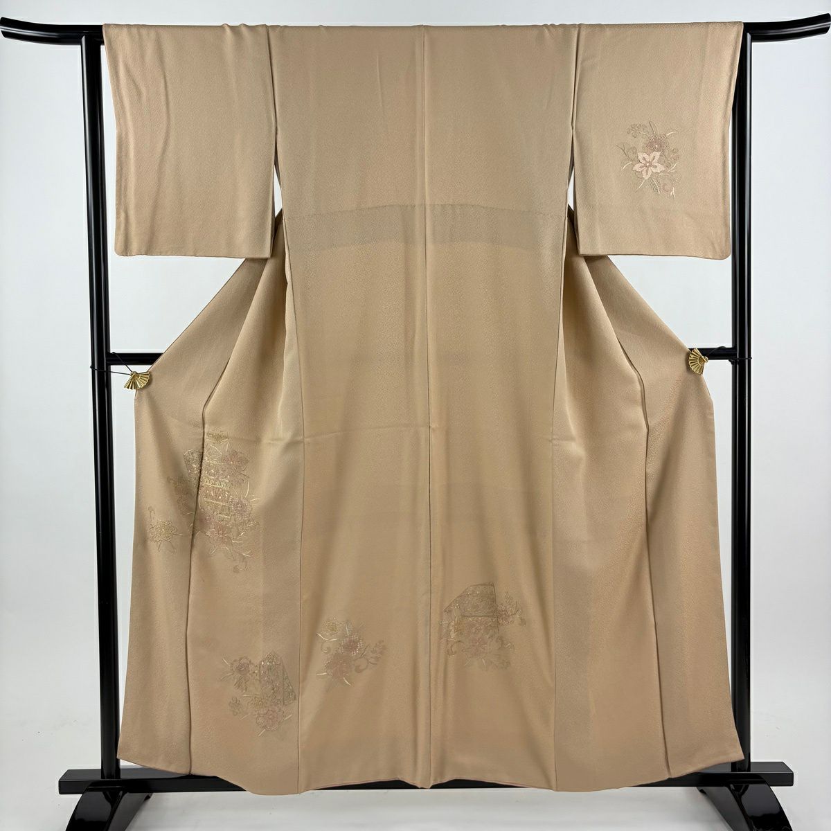 付下 身長157cm 袖長64cm M 雙層 草花紋紋 龜甲刺繡 金糸 茶 純蠶絲 秀品級