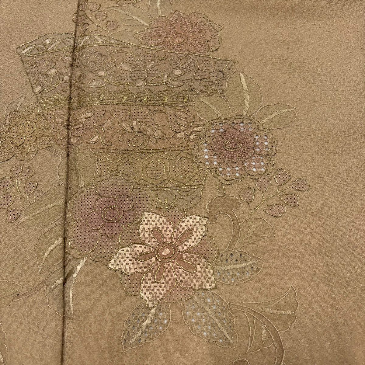 付下 身長157cm 袖長64cm M 雙層 草花紋紋 龜甲刺繡 金糸 茶 純蠶絲 秀品級