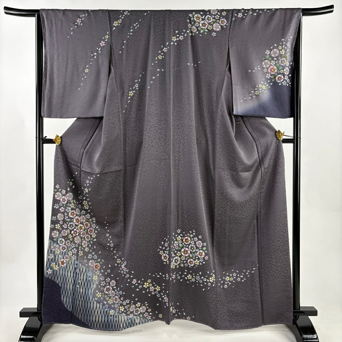 訪問服 身長163.5cm 袖長65cm M 雙層 櫻花 立涌 金彩裝飾 漸層 灰紫 純蠶絲 優品級