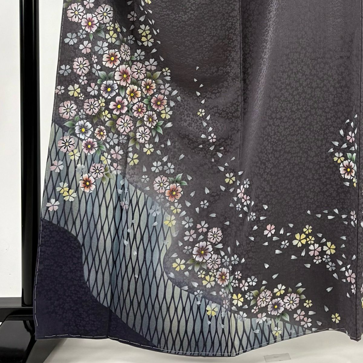 訪問服 身長163.5cm 袖長65cm M 雙層 櫻花 立涌 金彩裝飾 漸層 灰紫 純蠶絲 優品級
