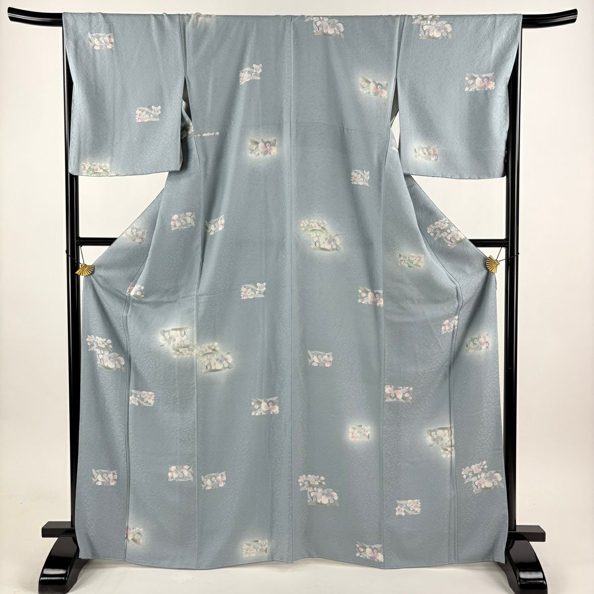 小紋 身長167.5cm 袖長67.5cm L 雙層 草花紋紋 地紋 漸層 青灰 純蠶絲 優品級