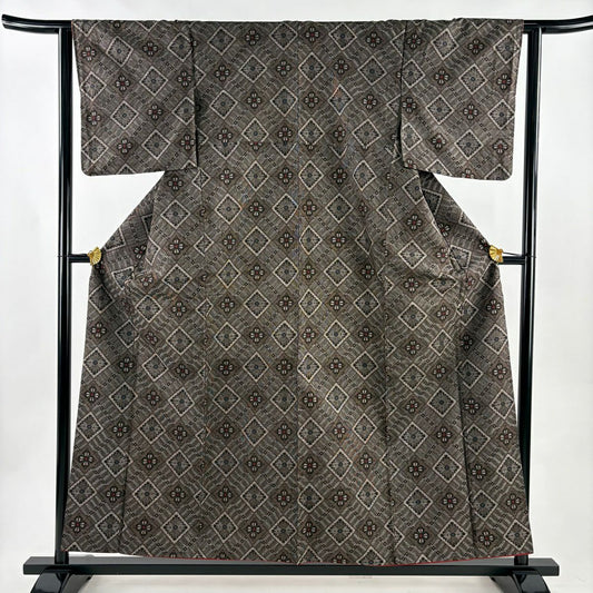 紬織 身長156cm 袖長62.5cm S 雙層 菱花 焦茶 純蠶絲 秀品級
