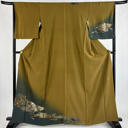 【美品】 付下 身長160cm 袖長66cm M 雙層 TOKI志すい 落款あり 琵琶 巻物 金銀彩 漸層 山吹茶 純蠶絲 秀品級