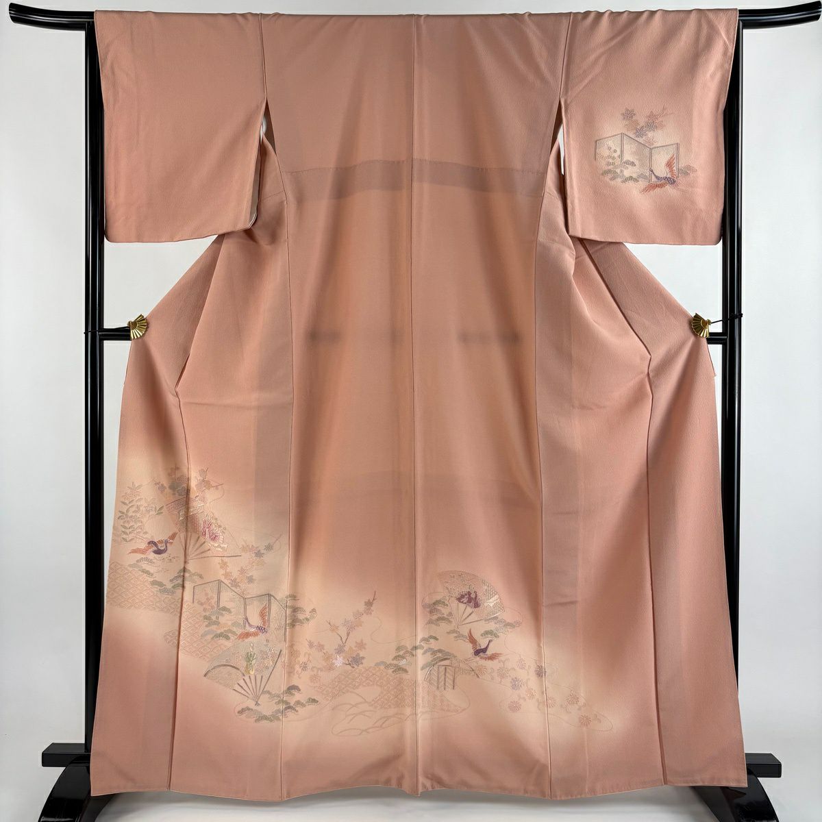 付下 身長164.5cm 袖長65.5cm M 雙層 扇子子 姫刺繡 漸層 粉紅 純蠶絲 優品級