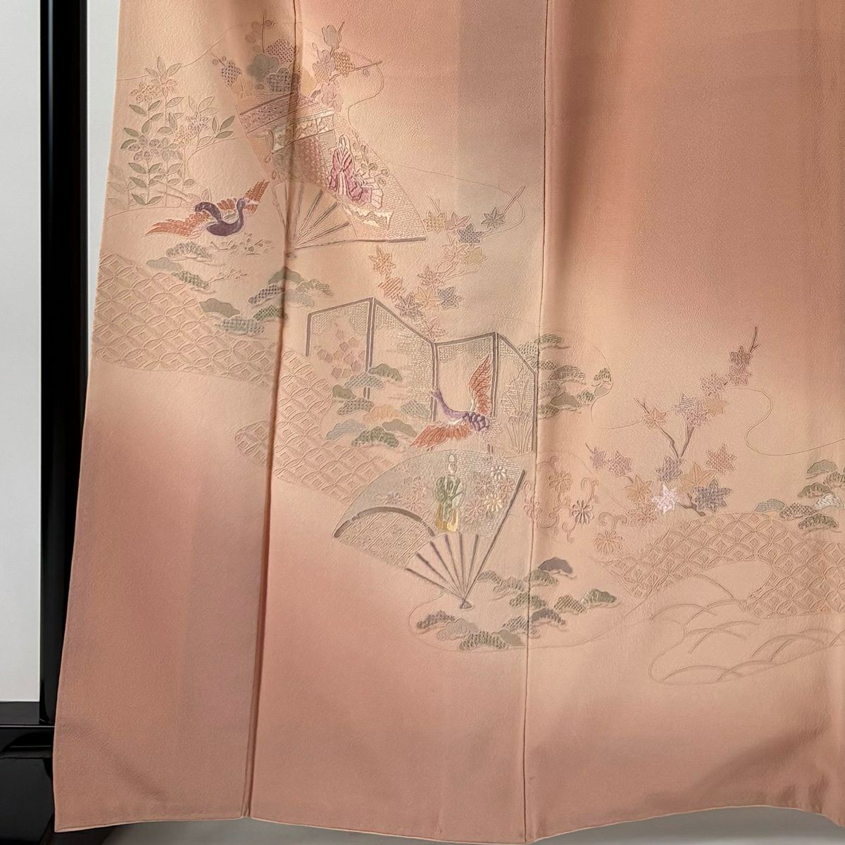 付下 身長164.5cm 袖長65.5cm M 雙層 扇子子 姫刺繡 漸層 粉紅 純蠶絲 優品級