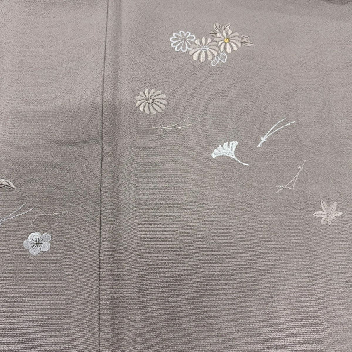 付下 身長158.5cm 袖長63cm S 雙層 菊花 松樹葉 刺繡 金糸 灰紫 純蠶絲 秀品級 一個紋