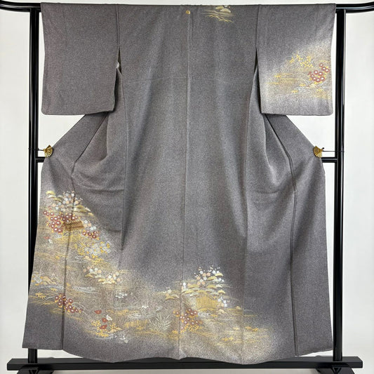 訪問服 身長155.5cm 袖長63cm S 雙層 松樹竹子梅花 菊花 金銀彩 刺繡 灰紫 純蠶絲 秀品級 一つ紋
