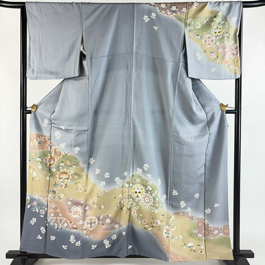 訪問服 身長160.5cm 袖長65.5cm M 雙層 鳥 草花紋 金絲 金銀彩 青灰 純蠶絲 秀品級