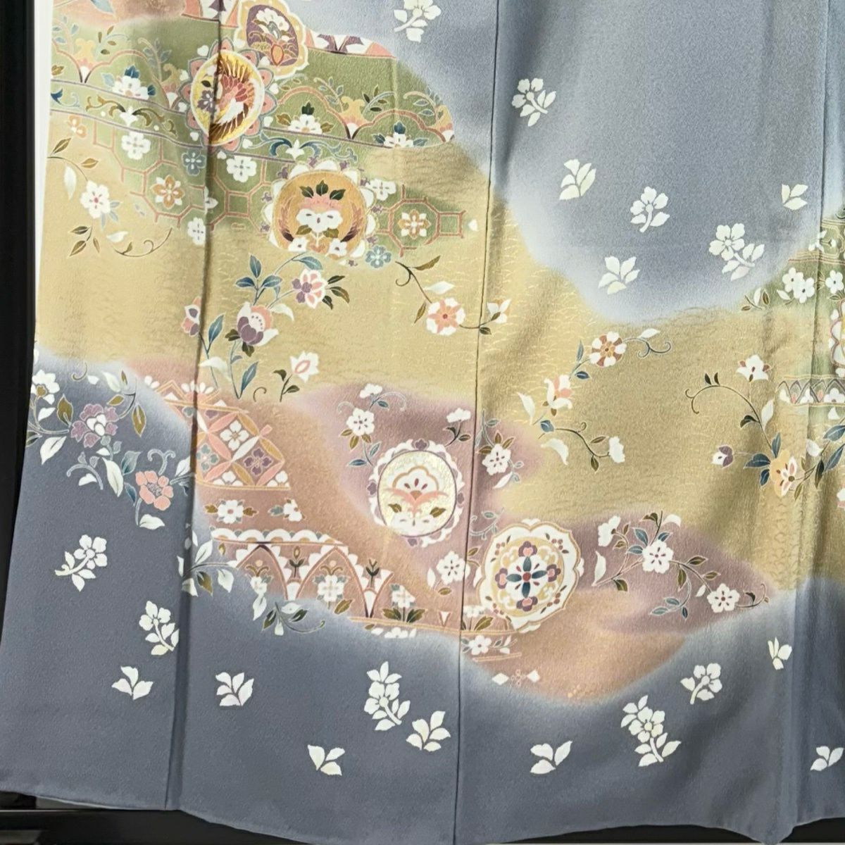 訪問服 身長160.5cm 袖長65.5cm M 雙層 鳥 草花紋 金絲 金銀彩 青灰 純蠶絲 秀品級