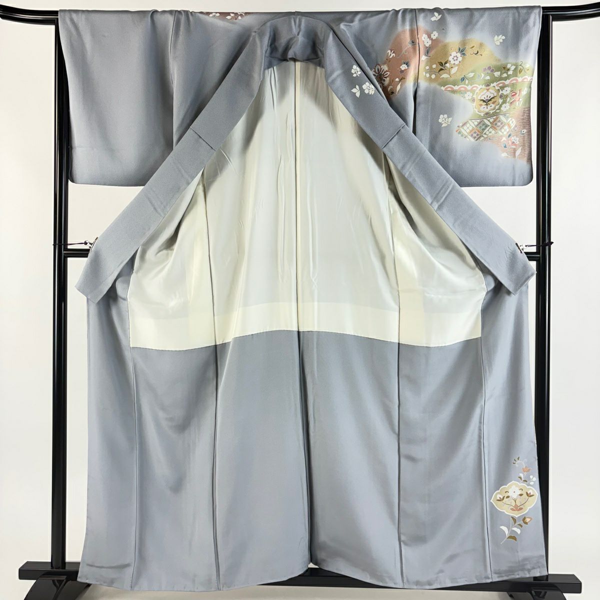 訪問服 身長160.5cm 袖長65.5cm M 雙層 鳥 草花紋 金絲 金銀彩 青灰 純蠶絲 秀品級