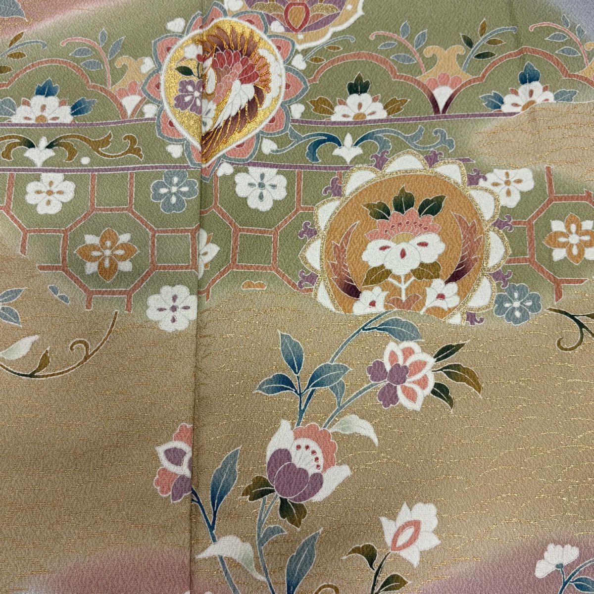訪問服 身長160.5cm 袖長65.5cm M 雙層 鳥 草花紋 金絲 金銀彩 青灰 純蠶絲 秀品級
