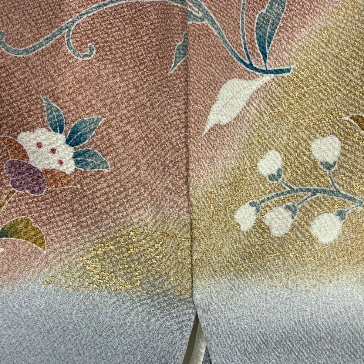 訪問服 身長160.5cm 袖長65.5cm M 雙層 鳥 草花紋 金絲 金銀彩 青灰 純蠶絲 秀品級