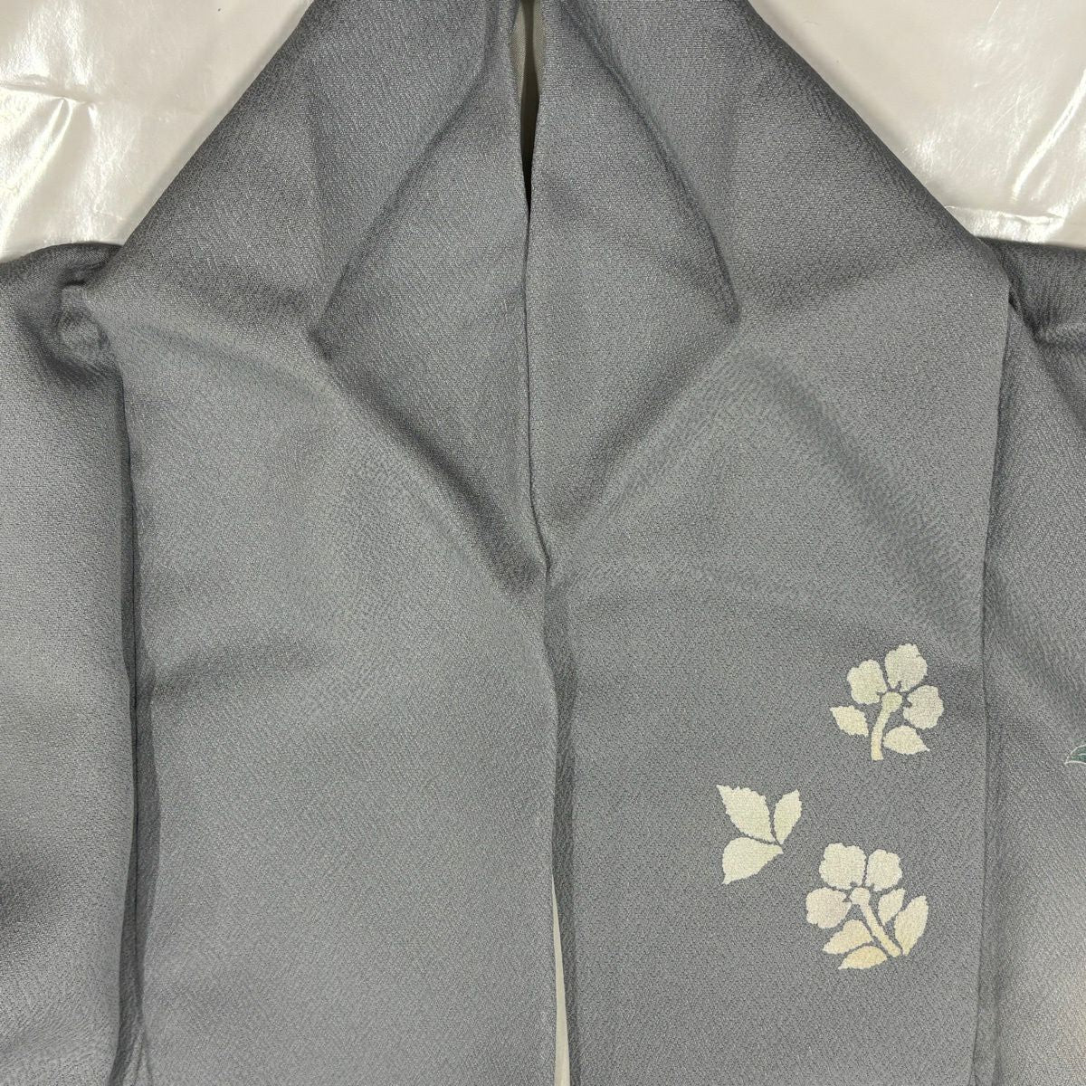 訪問服 身長160.5cm 袖長65.5cm M 雙層 鳥 草花紋 金絲 金銀彩 青灰 純蠶絲 秀品級