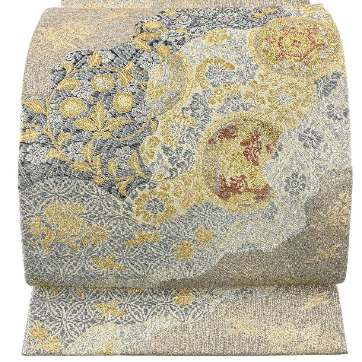 【美品】 袋帶 秀品級 華錦 金唐錦 華紋 花唐草紋 金銀糸 金金箔 薄茶 六通 純蠶絲