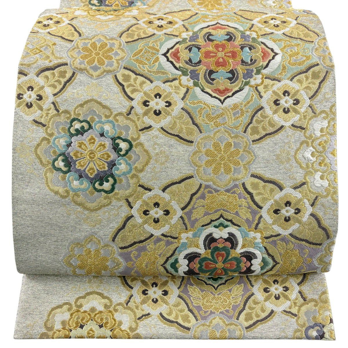 【美品】 袋帶 秀品級 華紋 七寶 唐織 金金箔 銀 六通 純蠶絲