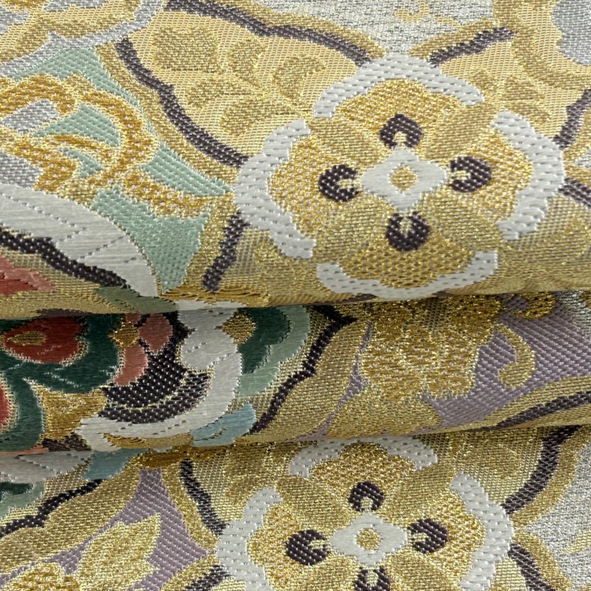 【美品】 袋帶 秀品級 華紋 七寶 唐織 金金箔 銀 六通 純蠶絲