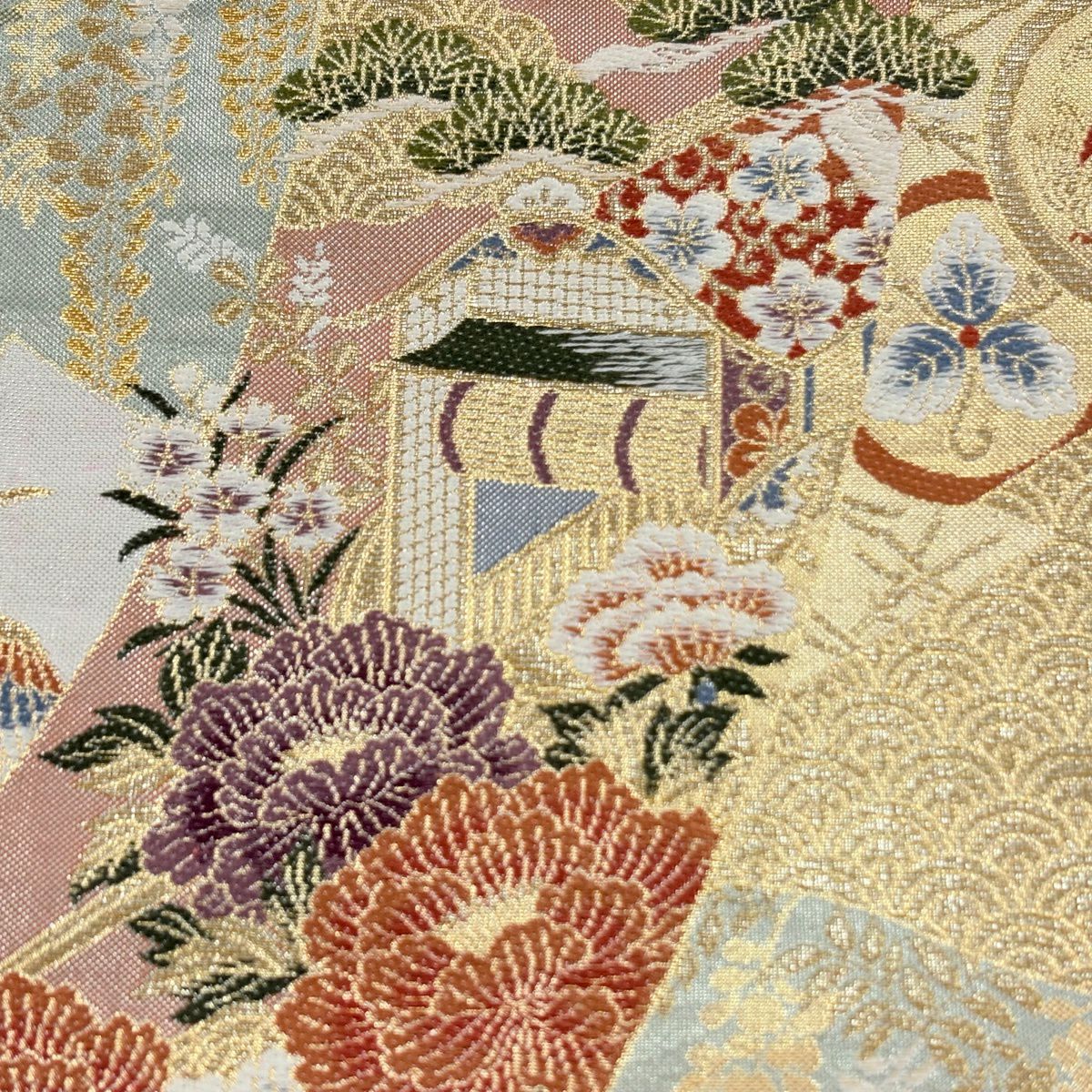【美品】 袋帶 秀品級 蒔繪 御所車 仙鶴 金金箔 金絲 淺綠 六通 純蠶絲