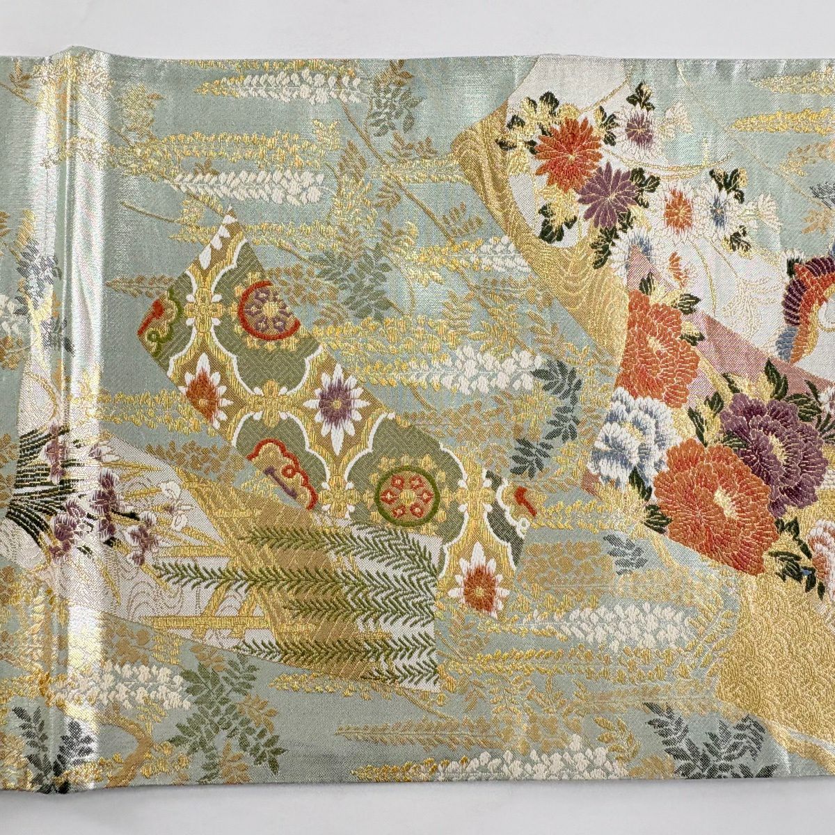 【美品】 袋帶 秀品級 蒔繪 御所車 仙鶴 金金箔 金絲 淺綠 六通 純蠶絲